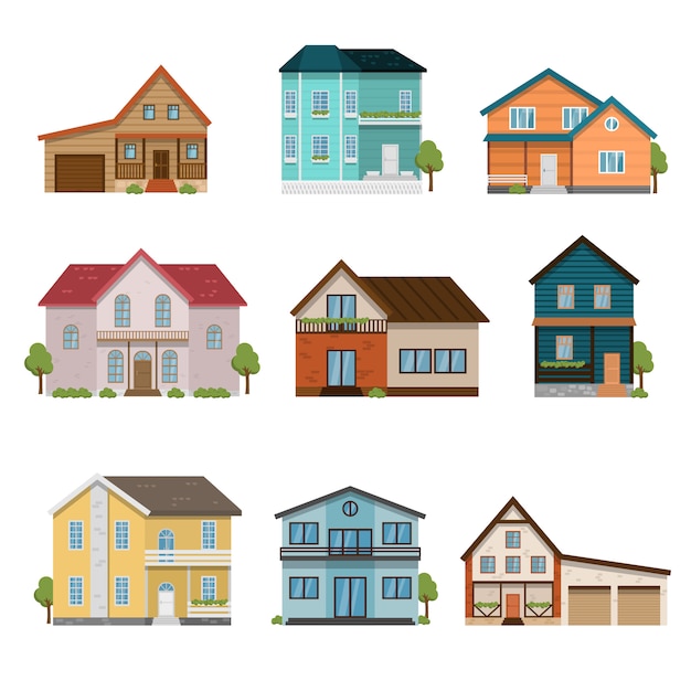 Set of houses front view icons isolated on white background