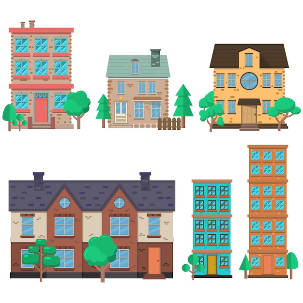 Vector set of houses illustrations in flat style.