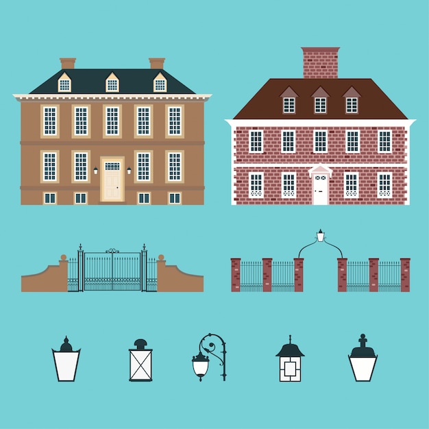 Vector set of houses and lamps.