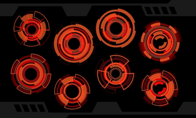 Set hud circle red orange user interface elements design technology cyber on black futuristic vector