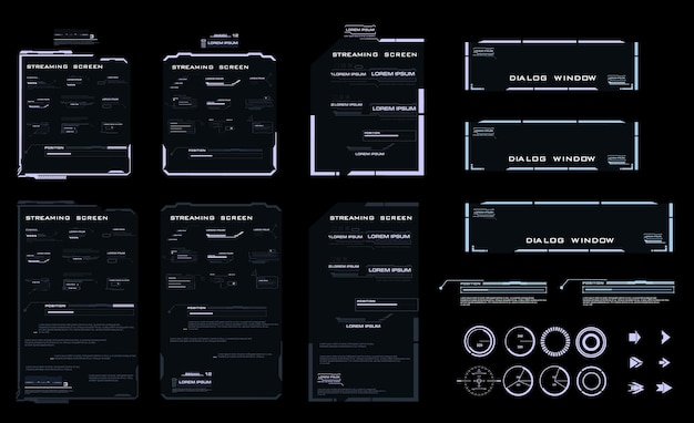 Vector set hud elements for the user interface modern dialog boxes and pointers digital streaming screen with hud gui ui elements