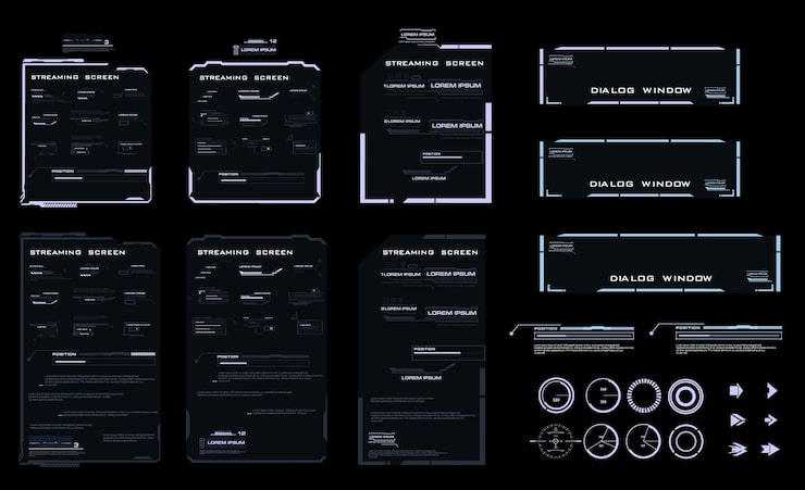 Vector 사용자 인터페이스에 대한 hud 요소 설정 최신 대화 상자 및 포인터 hud gui ui 요소가 있는 디지털 스트리밍 화면