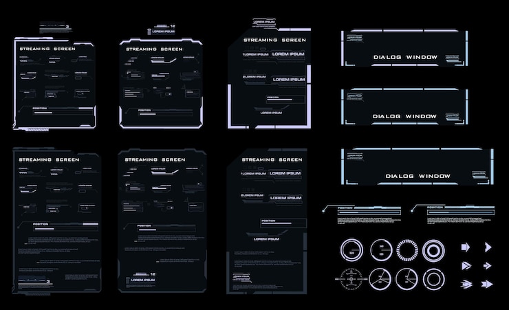 Vector set hud elements for the user interface modern dialog boxes and pointers digital streaming screen with hud gui ui elements
