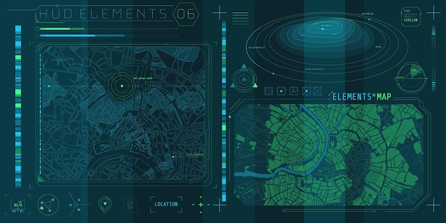 A set of HUD maps elements for a futuristic interface.