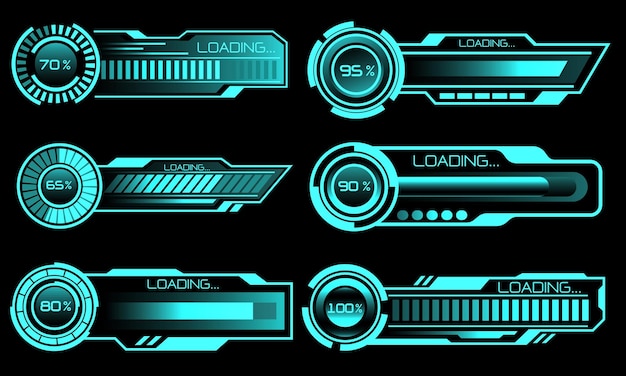 Set of HUD modern loading progress bars user interface technology cyber blue black futuristic vector