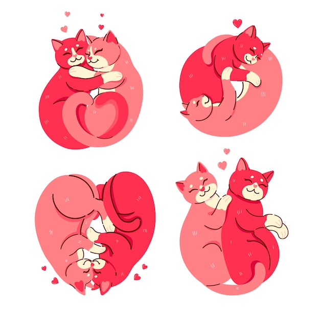 Vector set of hugging lying curled up cats top view