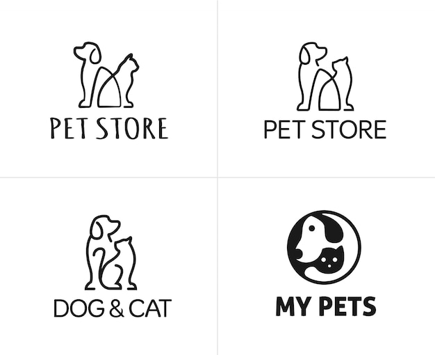 Set huisdieren hond en kat lineaire logo ontwerpsjabloon