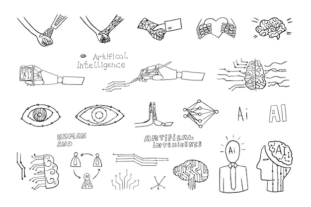 Vector set of human and artificial intelligence friendship icons doodle style neural network icons robot