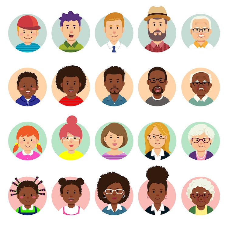 Vector set of human faces, avatars, people heads different nationality and ages in flat style.
