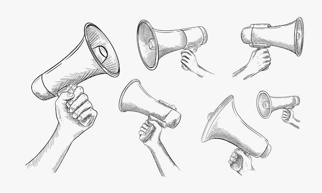 Vector set of human hand holding loudspeaker vector hand drawn sketch illustration megaphone doodle icon isolated on white background advertisement marketing referral program concept