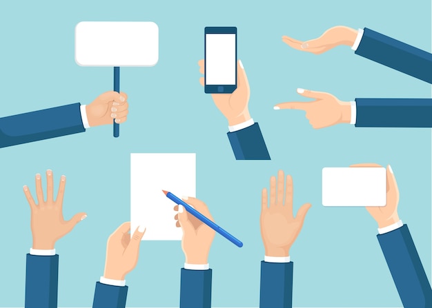 Set of human hands hold placard, phone, document, pencil d on background. Various gestures. Business man arm in different positions.
