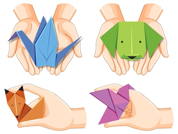 Set of human hands holding origami