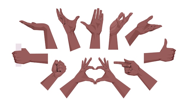 Set of human hands showing different gestures communication language gesturing concept