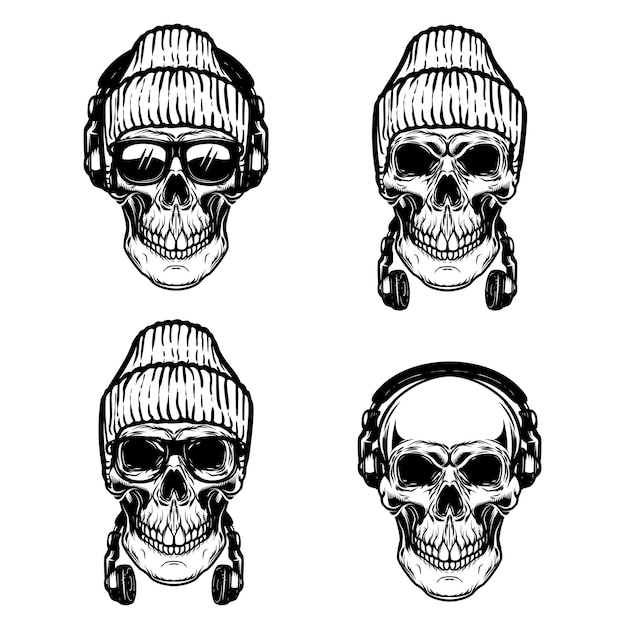 Set of human skulls with headphones.