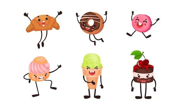 Vector set of humanized croissant donut macaroons ice cream cupcake vector illustration