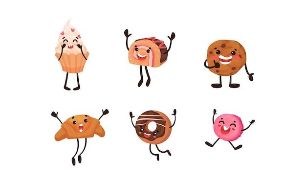 Vector set of humanized cupcake roll croissant donut macaroons cream cake vector illustration