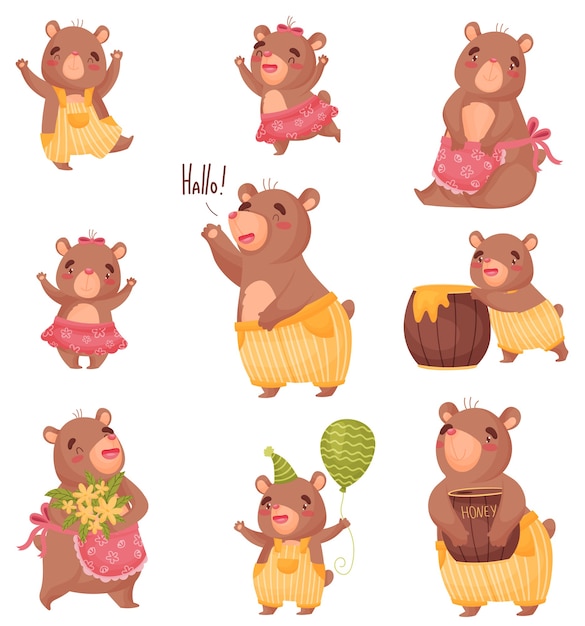 Set of humanized cute bears with clothes