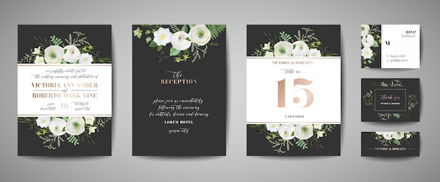 Set huwelijksuitnodiging, bloemen uitnodigen, dank u, rsvp rustieke kaart ontwerp met bladgoud decoratie. vector elegante moderne sjabloon, trendy omslag, grafische poster, retro brochure, ontwerpsjabloon