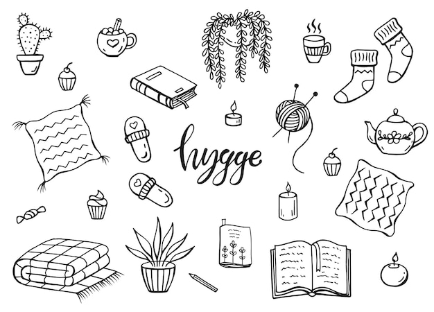 Set hygge-elementen Hand getrokken vectorillustratie Gezellige dingen geïsoleerd op een witte achtergrond