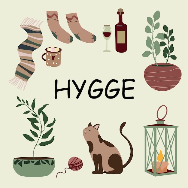 Set hygge-elementen met tekst. Handgetekende illustratie van schattige interieurdecoraties. Voeg gezellig toe