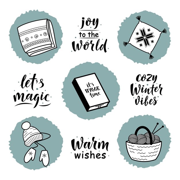 Vector set of hygge lifestyle cozy elements and simple lettering greeting sign