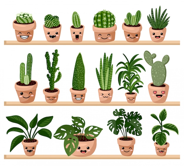 Vector set of hygge potted kawaii emoticon emoji succulent plants on shelf.