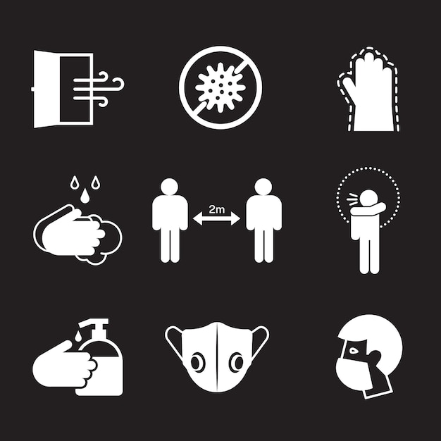 Set of Hygiene icons. Icons with practical tips for the prevention of COVID19.