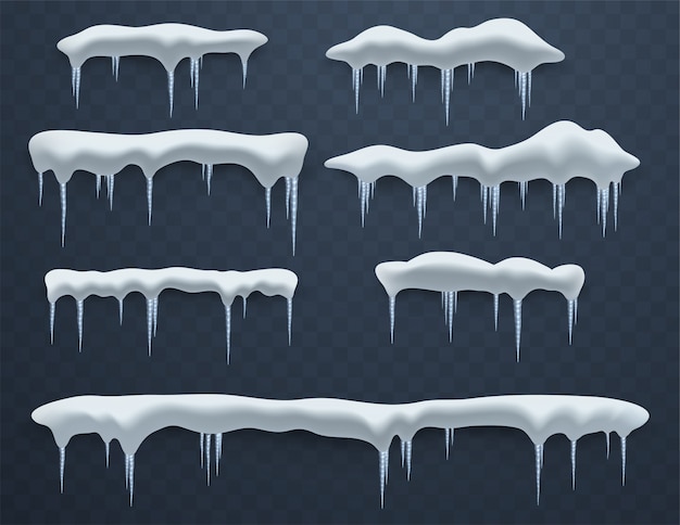 Set of ice caps. Snowdrifts, icicles, elements winter decor, ice decorations. Realistic snow masses.