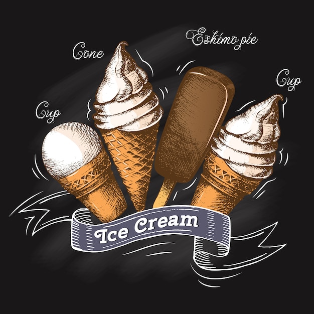 Set di gelato sul gesso lavagna. schizzo. stagione estiva. illustrazione