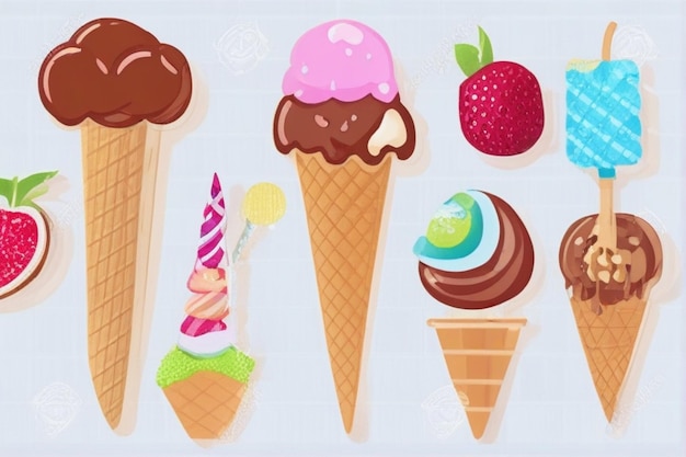 Vector a set of ice cream on a blue background sweet summer dessertvector illustrationa set of ice cream