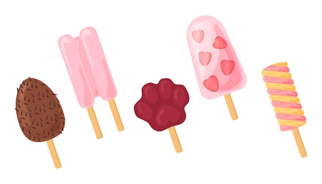 아이스크림 컨셉의 세트: 뜨거운 날씨와 여름을위한 냉동 디저트 및 맛있는 음식 나무 막대기에서 달한 음식을 포장 하 배경에 고립 된 만화 평면 터 컬렉션