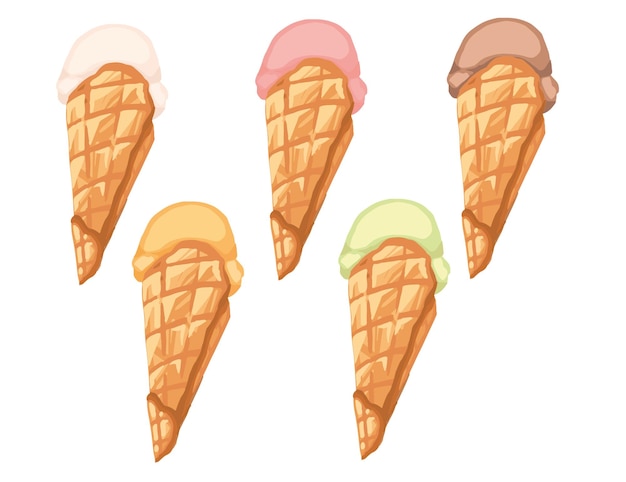 Set of ice cream flavors in waffle cones with different color flat vector illustration isolated on white background