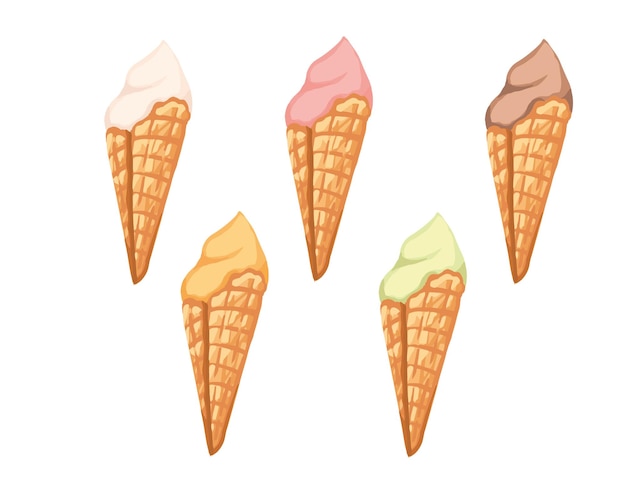 Set of ice cream flavors in waffle cones with different color flat vector illustration isolated on white background