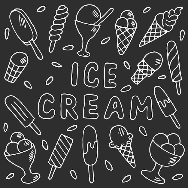 set of ice cream hand drawn on gray background with white outline .vector