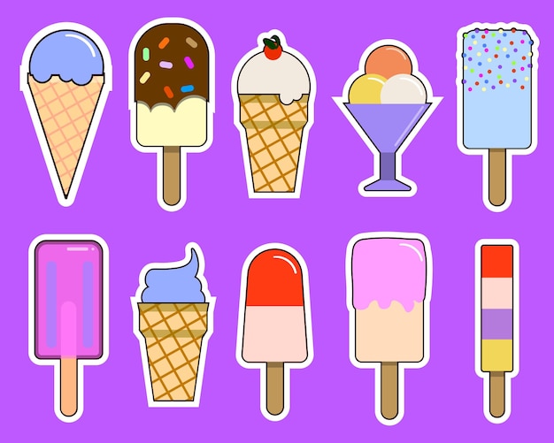 Set of ice cream icons ice cream on a stick in waffle cup flat design vector illustration