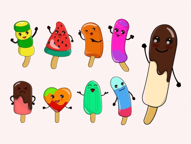 Set of ice cream kawai cartoon of summer illustration