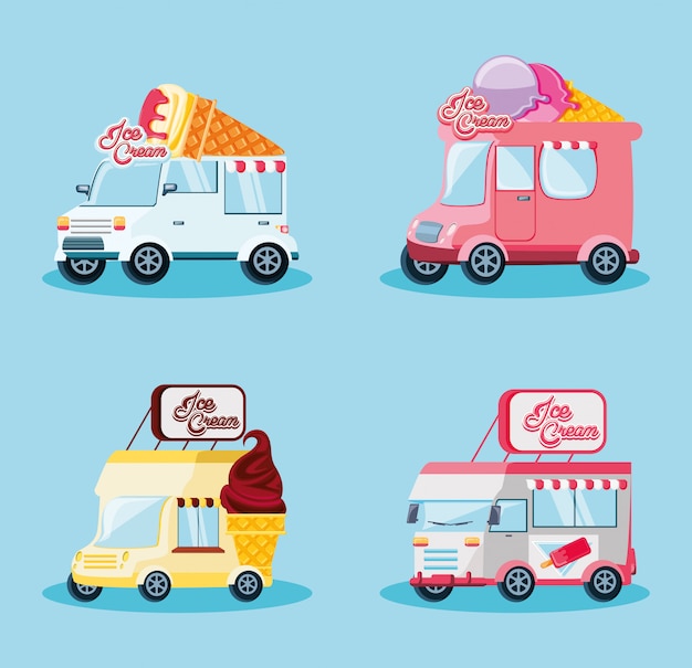 Vector set ice cream shop vans