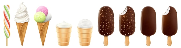 Set of ice cream in a waffle cone and popsicle isolated on a white background. realistic 3d vector