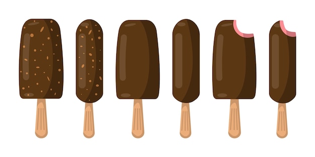 A set of ice cream with chocolate on a wooden stick in a flat style vector image