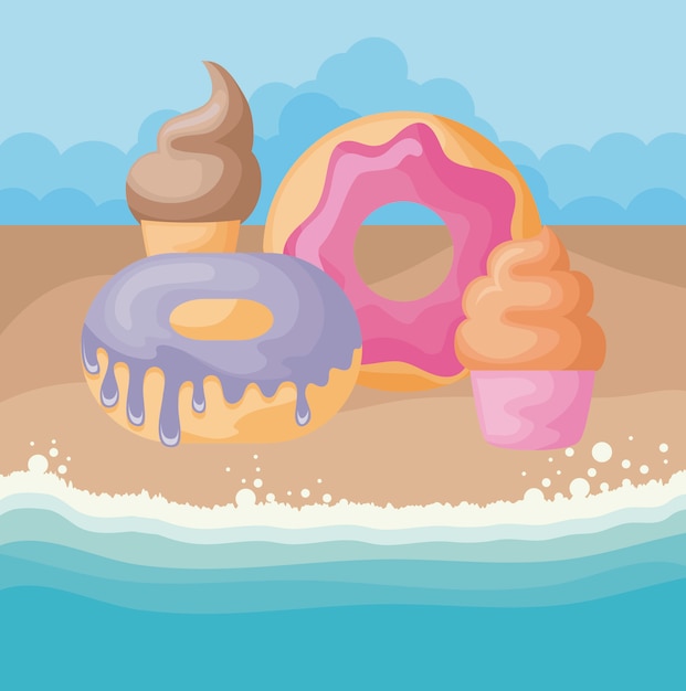 Set di gelato con ciambelle e cupcake in spiaggia