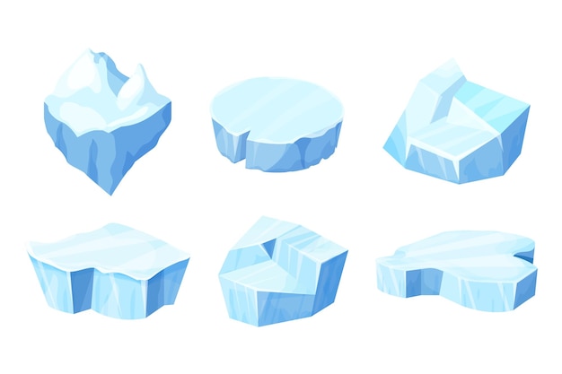 Vector set ice floe, frozen water piece, iceberg in cartoon style isolated on white background.