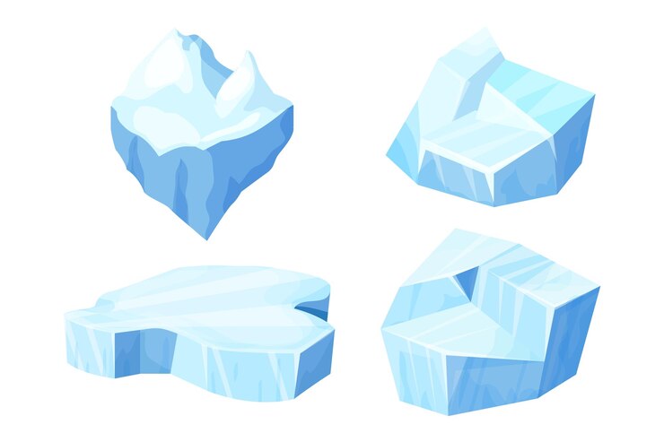 Vector set ice floe, frozen water piece, iceberg in cartoon style isolated on white
