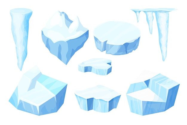 Set ice floe, frozen water piece, iceberg in cartoon style isolated on white