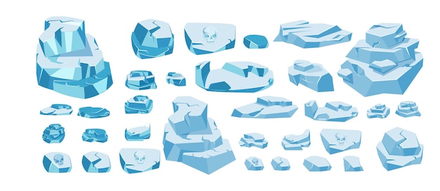 Vector set of icebergs frozen ice floe blocks blue iced snowdrift caps ice lumps or cubes with facets slipp