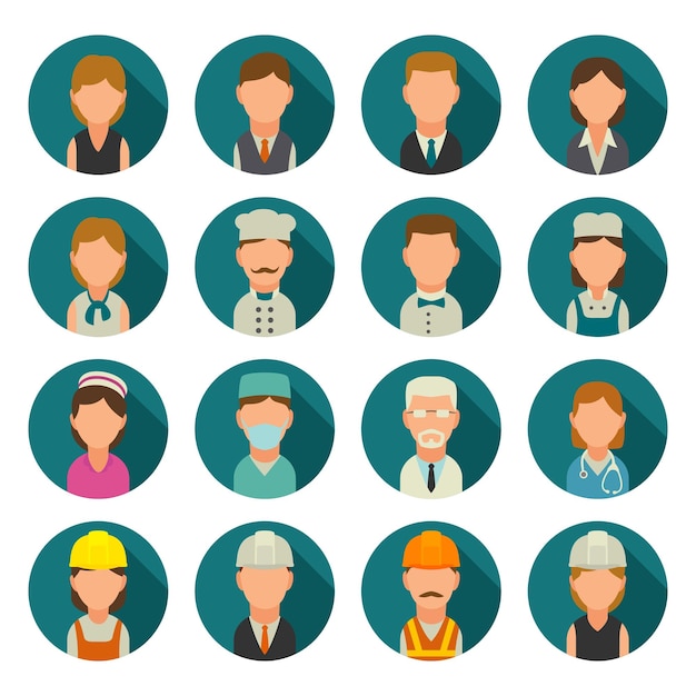 Set icon character cook builder business and medical people vector flat illustration on turquoise circle