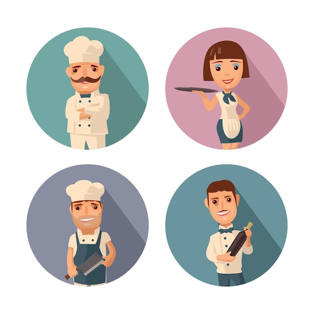 Set icon character cook Waiter with bottle wine Man with knife Proud chef with a mustache crossed his arms Waitress with tray Vector flat illustration with shadow on color circle