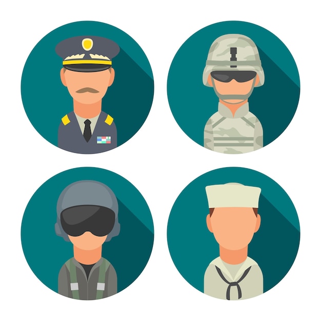 Набор иконок символов военных людей солдат-офицер пилот морской моряк векторная плоская иллюстрация на бирюзовом круге