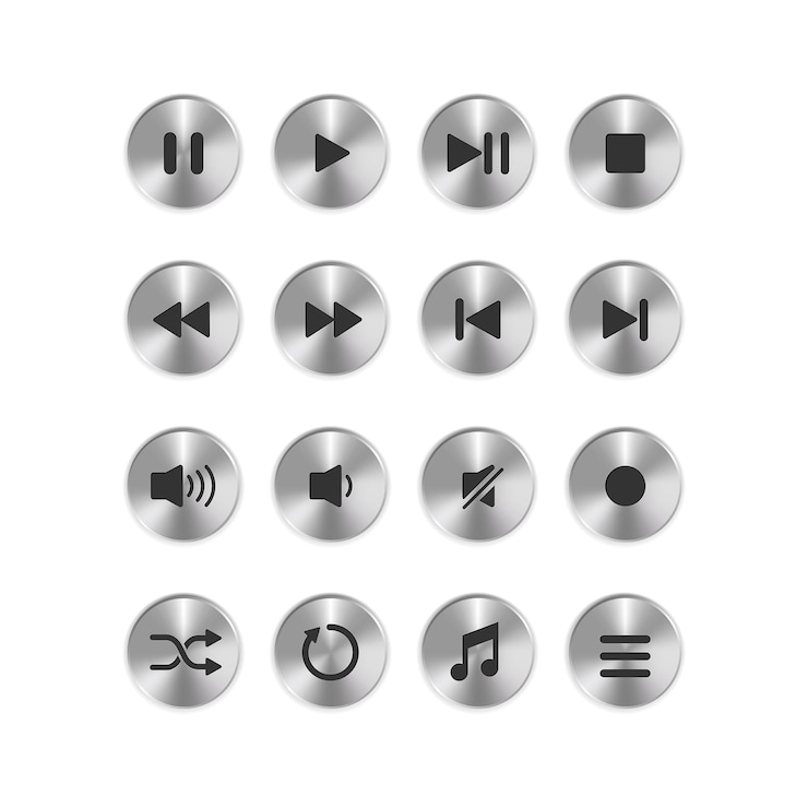 Vector set icon of circle metallic media player button