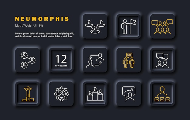 Vector set icon command community discussion chapter communication elections decentralization charts leader rating change of predecessor society choice of head concept neomorphism style vector line icon