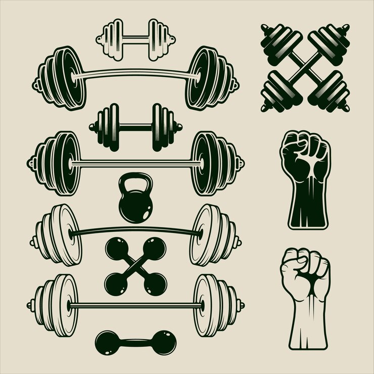 Vector set of icon gym or fitness equipment vector vintage illustration template graphic design bundle collection of various bodybuilding tool with retro style concept